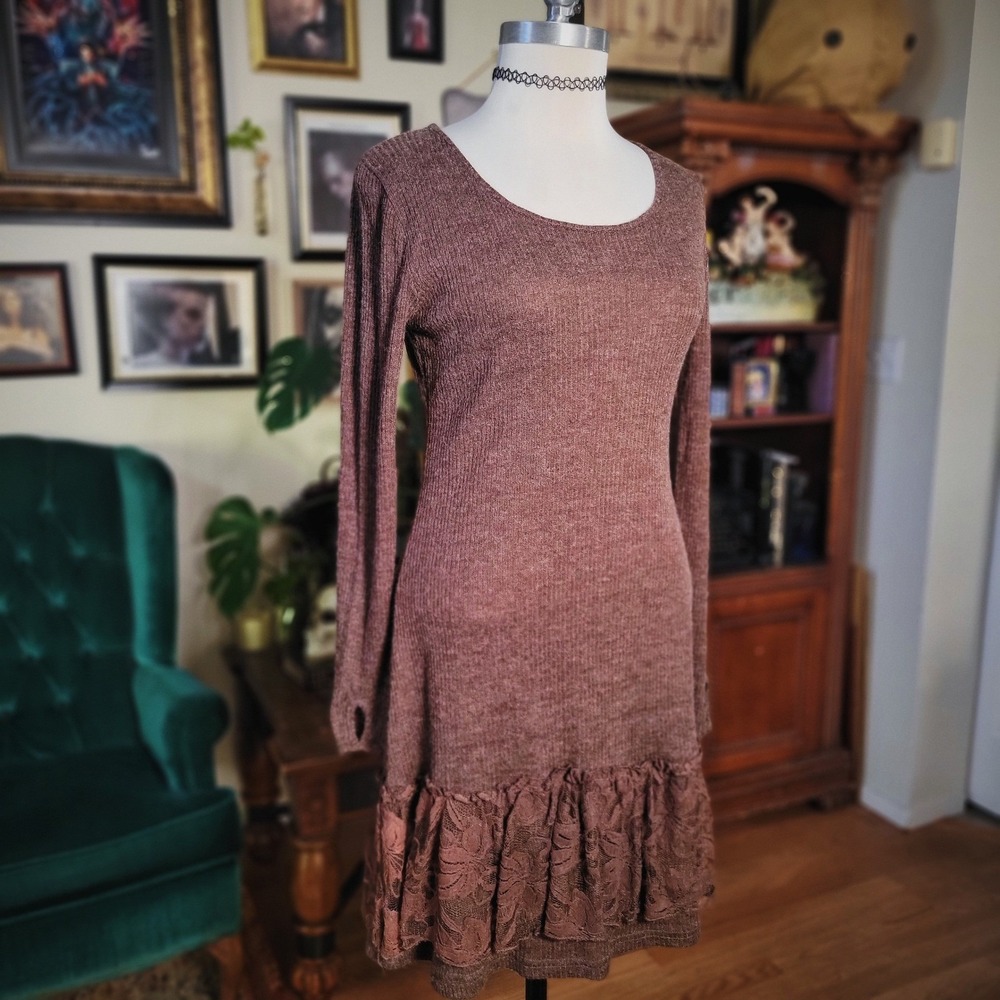 Pretty Angel Mini Dress Brown Knit Lace‎ Trim Ruffle Hem Long Sleeve NWT Small